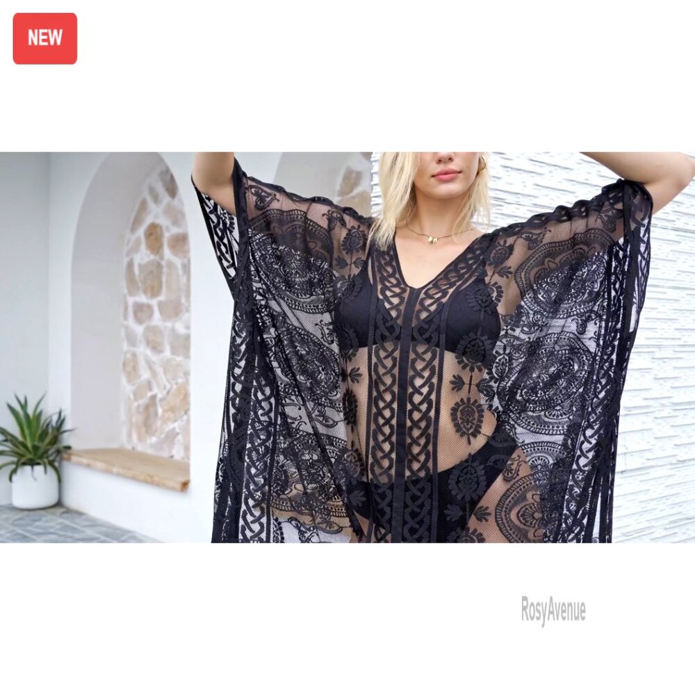 Loose Fit V-Neck Lace Beach Cover Up Dress, Polyester, One Size - Picture 7 of 7